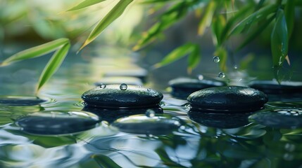 Black spa stones with water drops and bamboo on dark background generative ai
