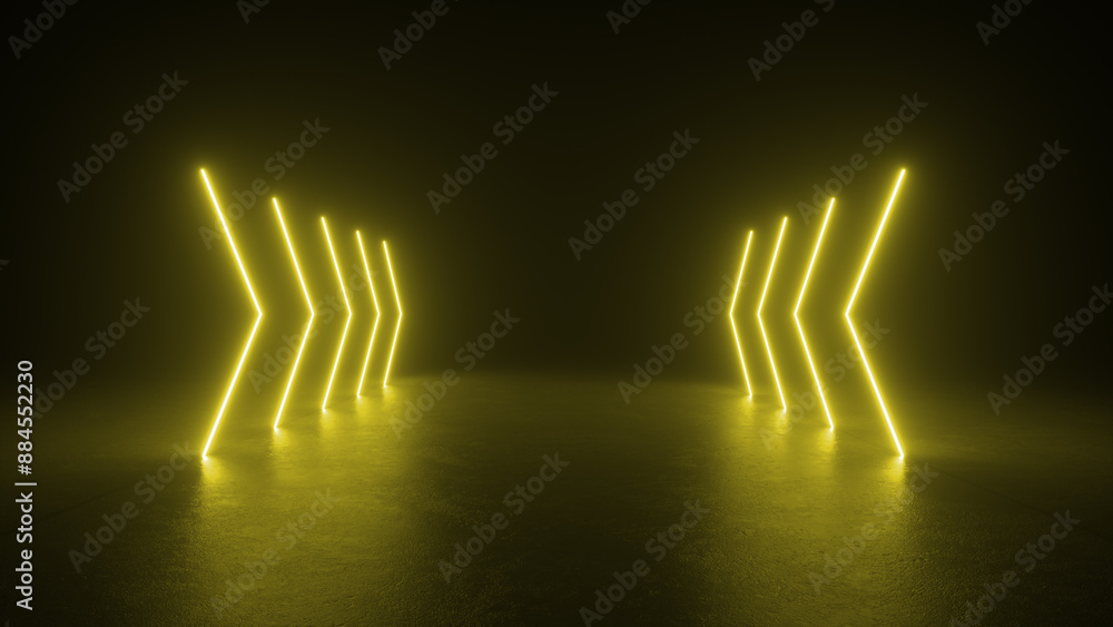 Poster a series of yellow neon arrows form a pathway in a dark, empty studio.