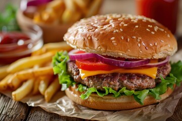 Classic Cheeseburger with Lettuce, Tomato, and Red Onion. Generative AI.
