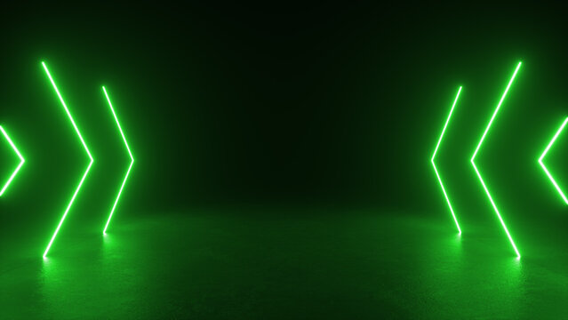 Green neon arrows shine in a dark room. The arrows are arranged in a symmetrical pattern, pointing in opposite directions.
