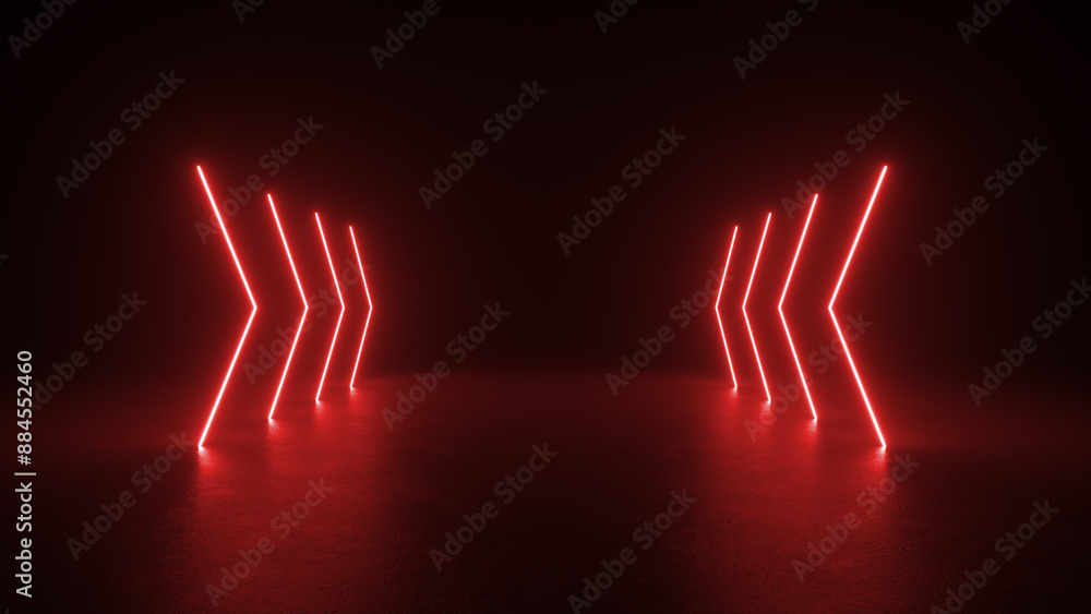 Poster red neon arrows illuminate a dark space. the glow of the arrows casts a red light on the floor.