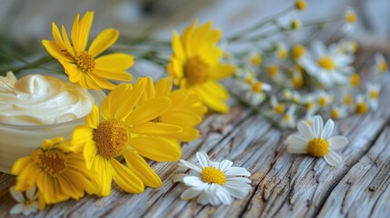 Obraz premium Yellow flowers on a wooden surface with cream makeup