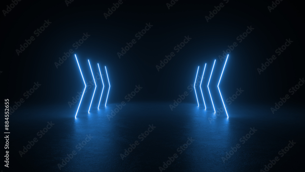 Poster blue neon shapes in the form of arrows light up a dark room. the shapes create a futuristic and abst