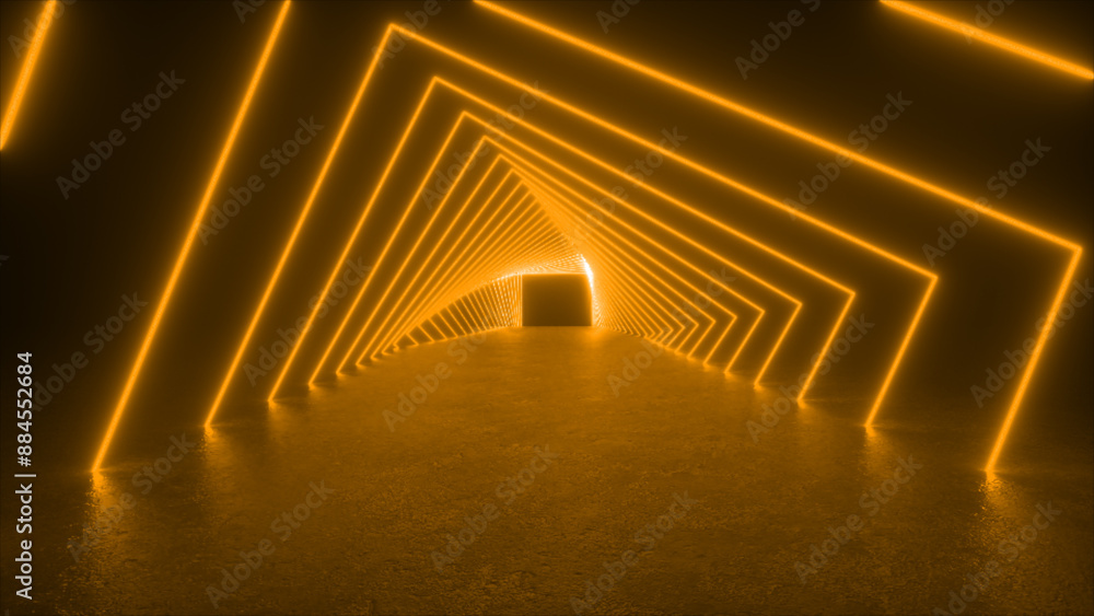 Poster a tunnel created by glowing neon shapes. the tunnel is illuminated by a bright yellow light, creatin