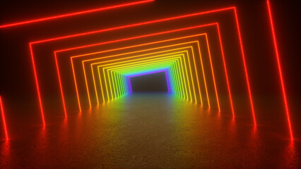 A glowing tunnel made of neon lights, arranged in a rainbow pattern, leading into the darkness.