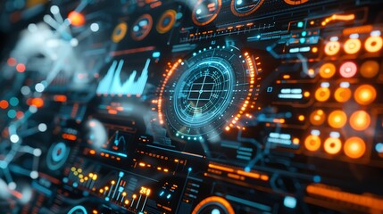 Photograph a sleek, futuristic interface with holographic elements and digital readouts, creating a realistic and immersive tech background.