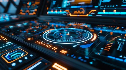 Photograph a sleek, futuristic interface with holographic elements and digital readouts, creating a realistic and immersive tech background.