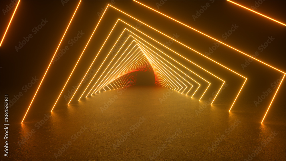 Poster a tunnel of yellow neon glow shapes. the shapes are arranged in a pattern that creates a sense of de