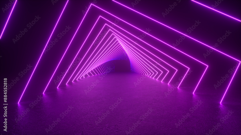 Poster a hallway lined with purple neon lights arranged in a geometric pattern, creating an abstract tunnel