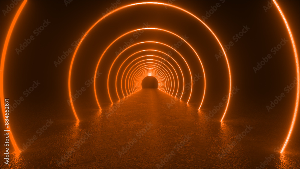 Poster a tunnel lined with glowing orange neon circles. the circles create a sense of depth and perspective
