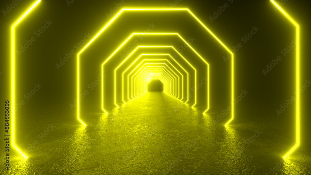 Poster a glowing yellow neon octagon tunnel extends into the distance, creating an otherworldly atmosphere.