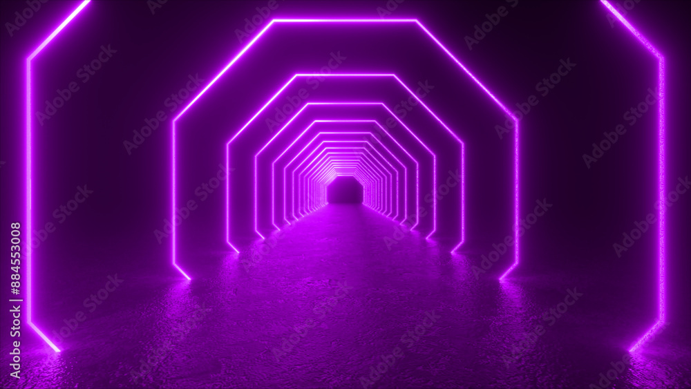Poster a long, dark tunnel lined with glowing purple octagons. the tunnel appears to extend into the distan