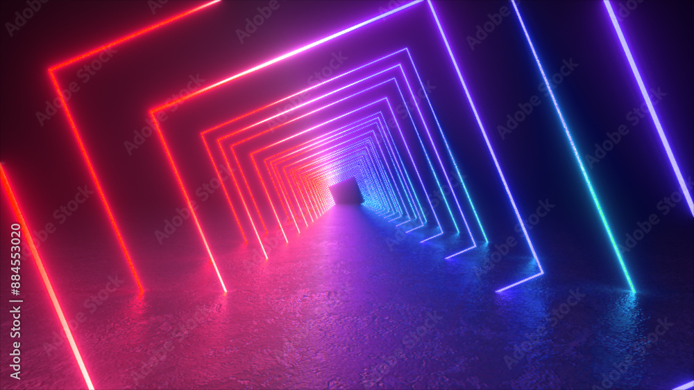Poster a colorful neon glow tunnel is created with lines of lights arranged in a square pattern. the lights
