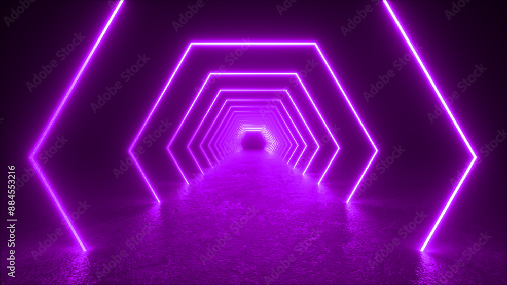 Poster a glowing purple neon hexagon tunnel with a haze effect on the floor, creating a futuristic and abst