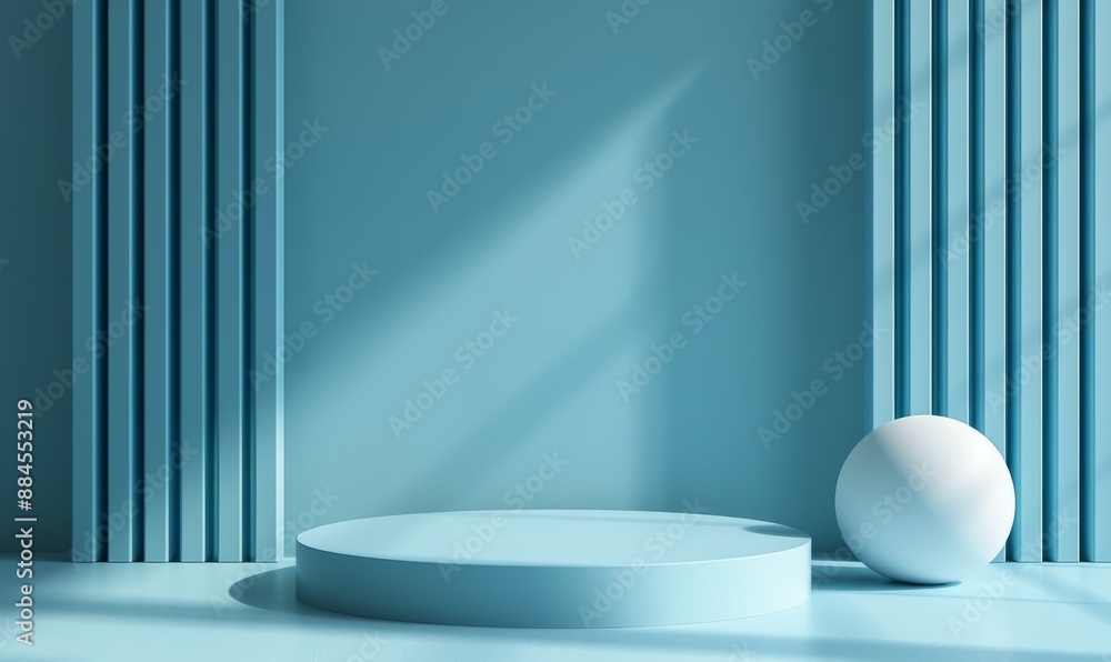 Poster abstract blue background with geometric shapes including a sphere and round platform