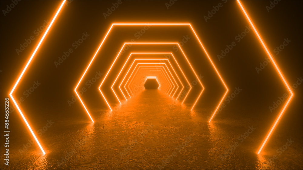 Poster a glowing orange neon hexagon tunnel extends into the distance, creating a futuristic and abstract s