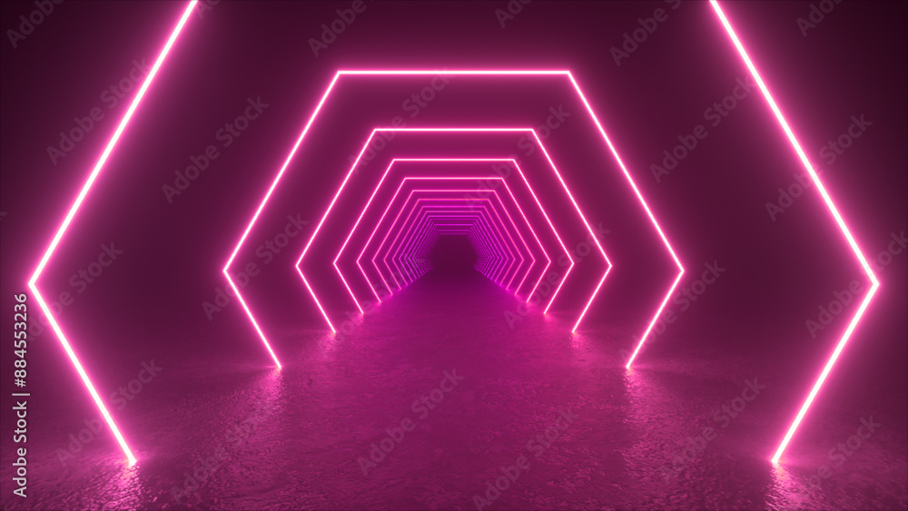 Aufkleber a glowing pink neon tunnel composed of hexagonal shapes, extending into the distance.