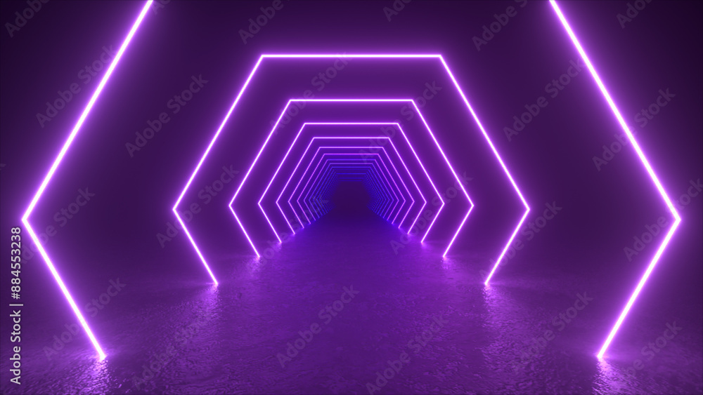 Poster a purple neon tunnel with hexagonal shapes glows in a dark room. the lights create a dramatic effect