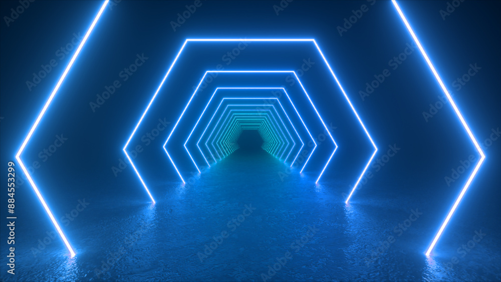 Poster a digital rendering of a glowing blue neon hexagon tunnel with a reflective surface.