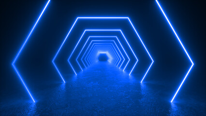 A tunnel of glowing blue neon hexagons creates a futuristic and abstract scene.
