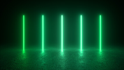 Five vertical green neon lights illuminate a dark surface, casting reflections and creating an ethereal atmosphere.