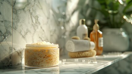A shower shelf scene highlighting a scalp scrub jar, emphasizing its exfoliating and refreshing effect.