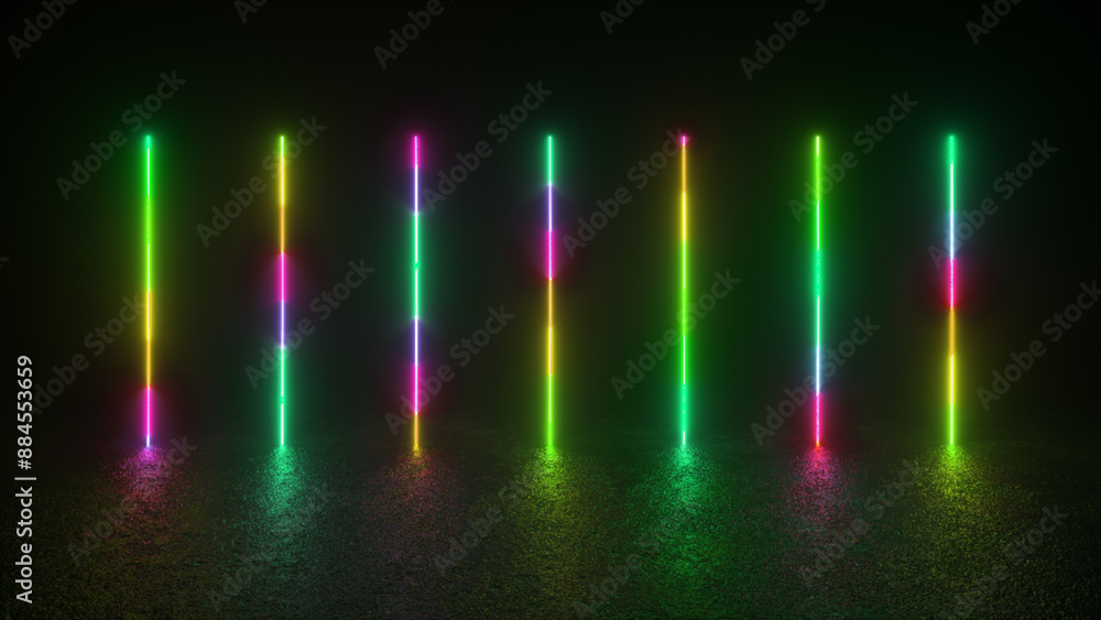 Poster a series of neon glow shapes illuminate a dark space with vibrant colors. the shapes are long and ve