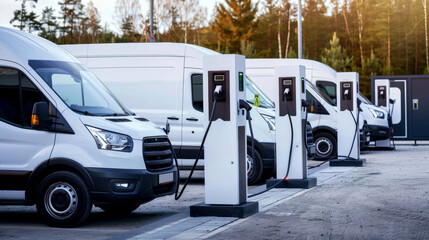 A row of electric vans are plugged in and charging at a public charging station.