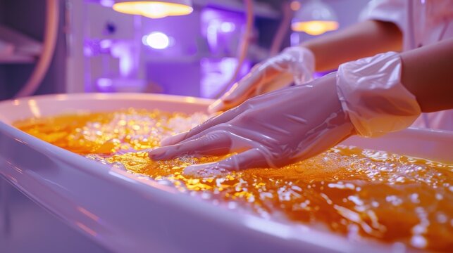 A luxury spa scene showcasing a client receiving a paraffin hand treatment, emphasizing moisturizing and soothing effects.