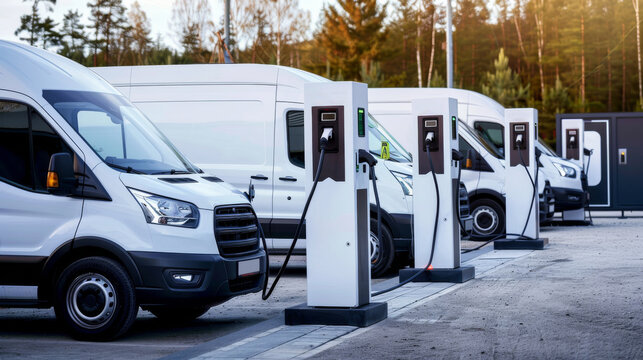 A row of electric vans are plugged in and charging at a public charging station.