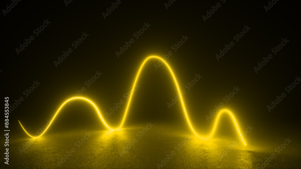 Poster a yellow neon line glows in a dark room, creating a wave-like pattern on the ground.