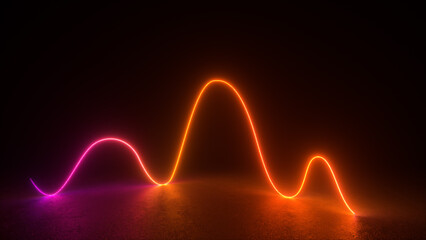 A pink and orange neon glow shapes a curve in a dark room.