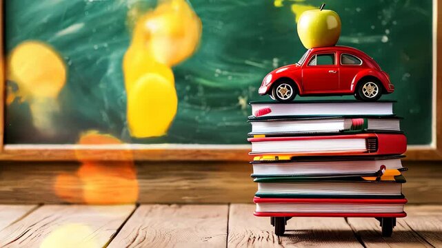 A vintage toy car with a stack of books and an apples on a wooden desk against a dark chalkboard background. Back to school concept