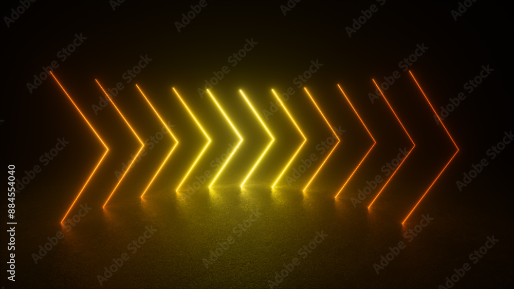 Poster a series of neon yellow and orange arrows glow against a dark background. the arrows are arranged in