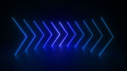 Naklejka premium A series of blue neon arrows point right, creating a modern, abstract design.