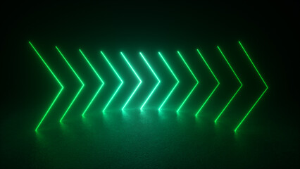 A row of green neon arrows illuminate a dark room, their glow reflecting on the smooth floor.