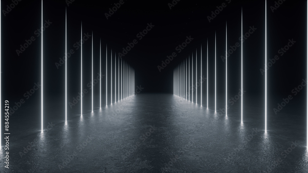 Poster a long, dark corridor with a concrete floor is illuminated by vertical neon glow shapes on both side