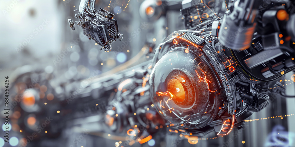 Poster a futuristic scene featuring nanorobots intricately working within a mechanical structure, showcasin