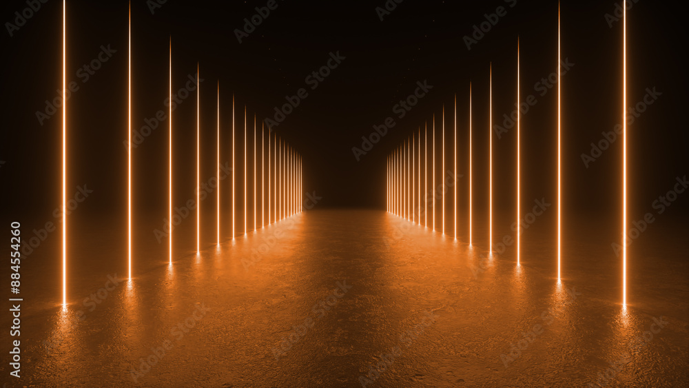 Poster orange neon lights form a glowing corridor in a dark space. the lights create a path leading into th