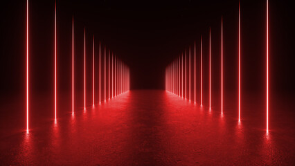 A dark corridor with red neon lights shining on the floor, creating a glowing path. © MIKHAIL