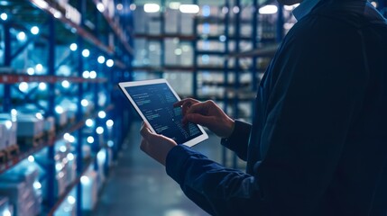 A worker in a warehouse uses a tablet to check inventory.