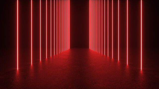 A long, narrow corridor illuminated by vertical red neon lights. The lights create a dramatic and futuristic atmosphere.