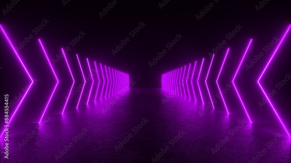 Poster a corridor lined with glowing purple neon arrows. the arrows point towards a central point, creating