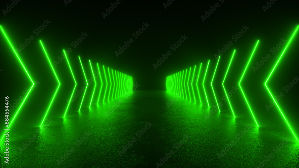 Poster a long, dark corridor is illuminated with rows of bright green neon arrows pointing towards a vanish