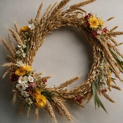"Lammas Day Wheat Crown": A close-up of a traditional wheat crown or wreath, intricately woven and adorned with flowers and ribbons, against a simple background.


