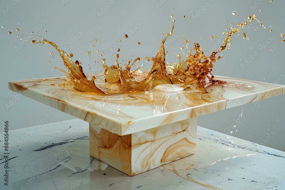 Poster dynamic image showcasing a splash of liquid frozen in time on a luxurious marblepatterned tray
