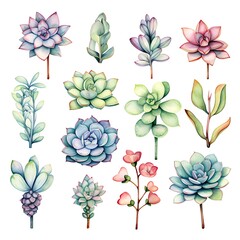 Fototapeta premium A beautiful watercolor illustration featuring various succulent plants, showcasing vibrant colors and intricate details.