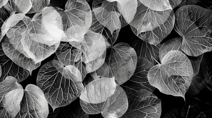Dry petals and see-through leaves form a cool backdrop or wallpaper for screens. Close-up textures show the skeleton of flower petals. The black and white colors show the beautiful pattern of nature.
