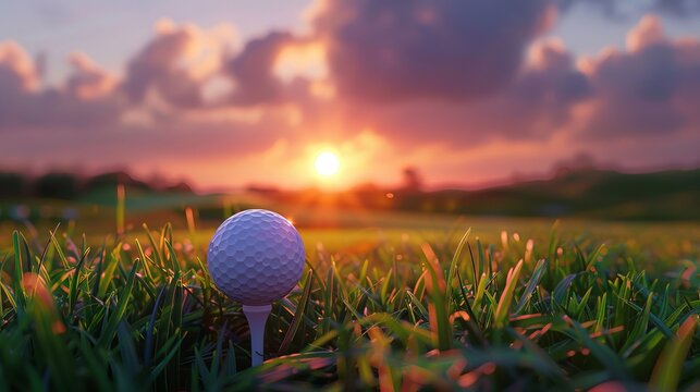 A golf ball sits on a tee with a beautiful sunrise in the background