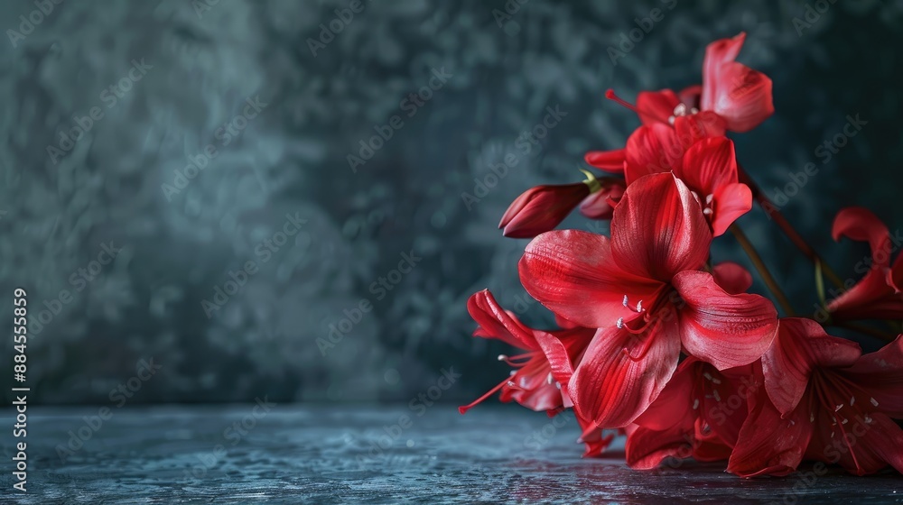 Poster a vibrant display of red flowers on a table with ample space for text